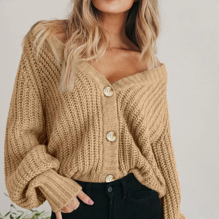 Rowena | Women's Chunky Knit Cardigan | Oversized Balloon Sleeve V-Neck