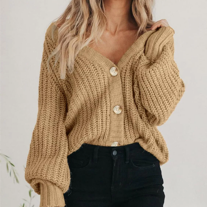 Rowena | Women's Chunky Knit Cardigan | Oversized Balloon Sleeve V-Neck