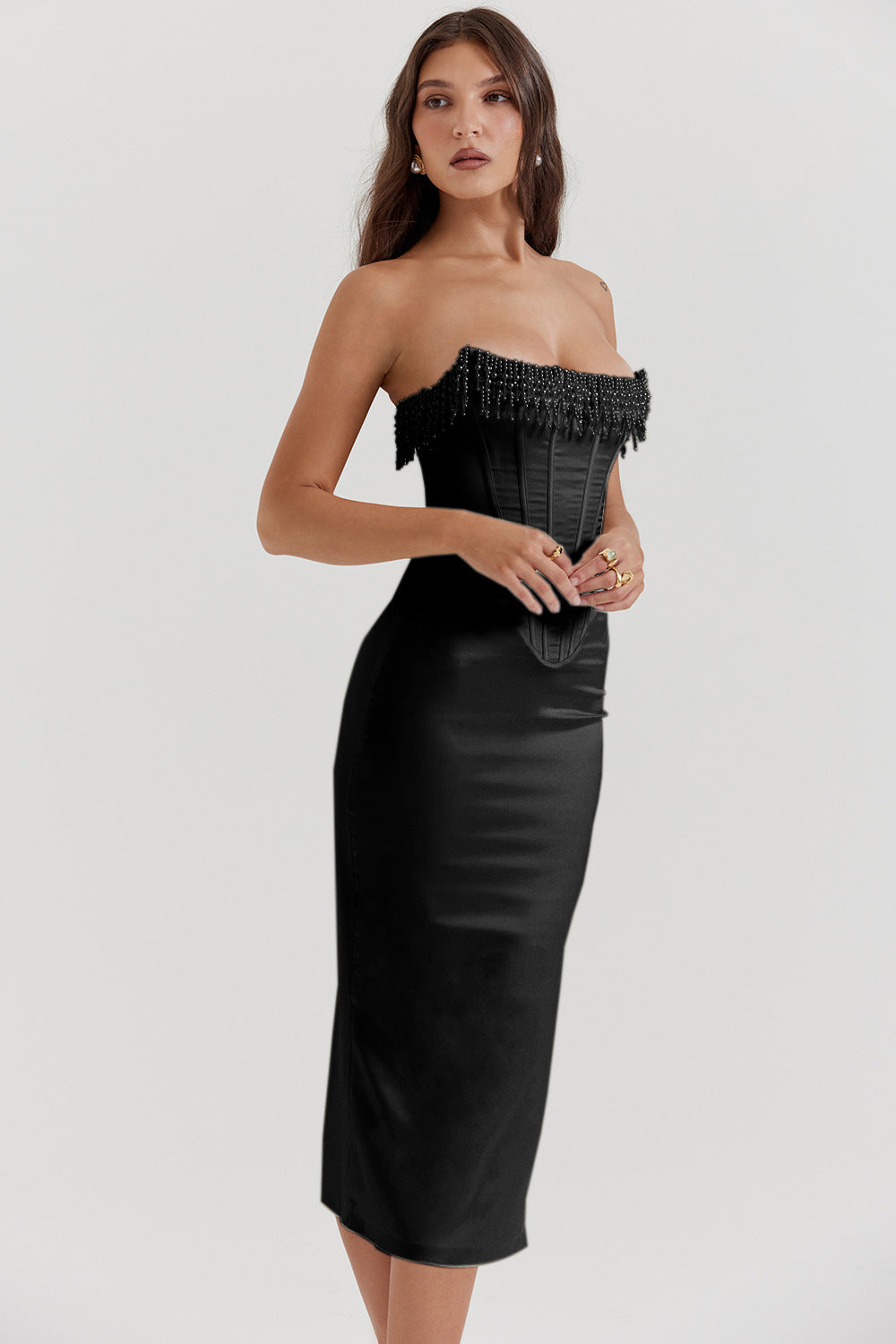 Women's Corset Dress Strapless Beaded Midi | Evening