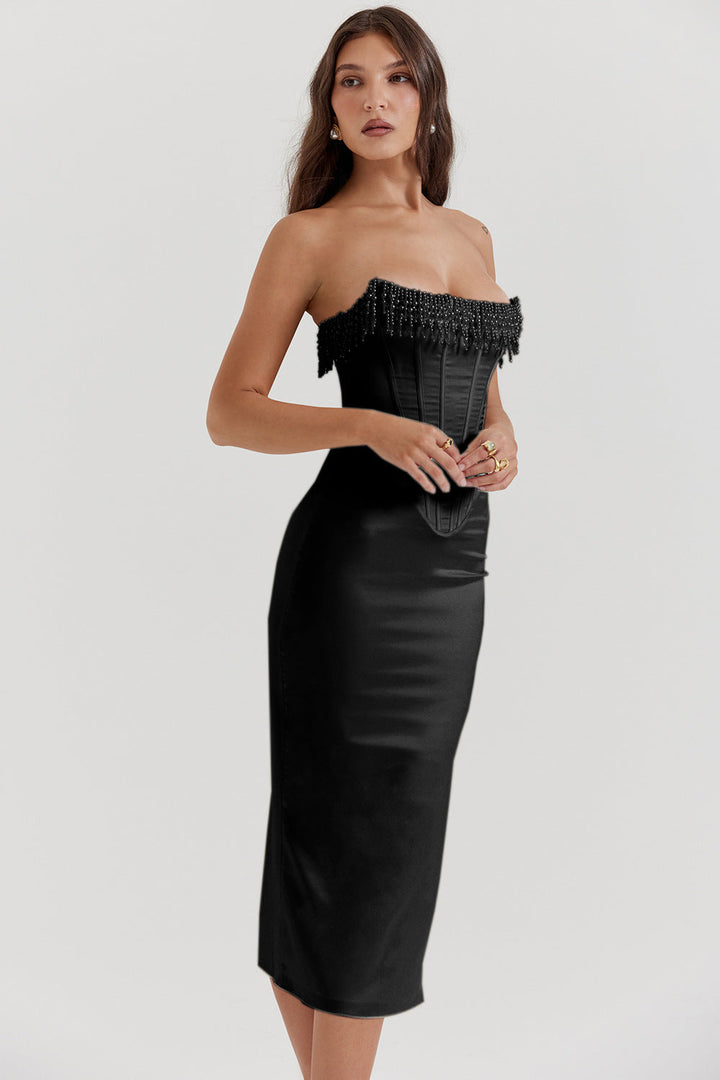 Women's Corset Dress Strapless Beaded Midi | Evening