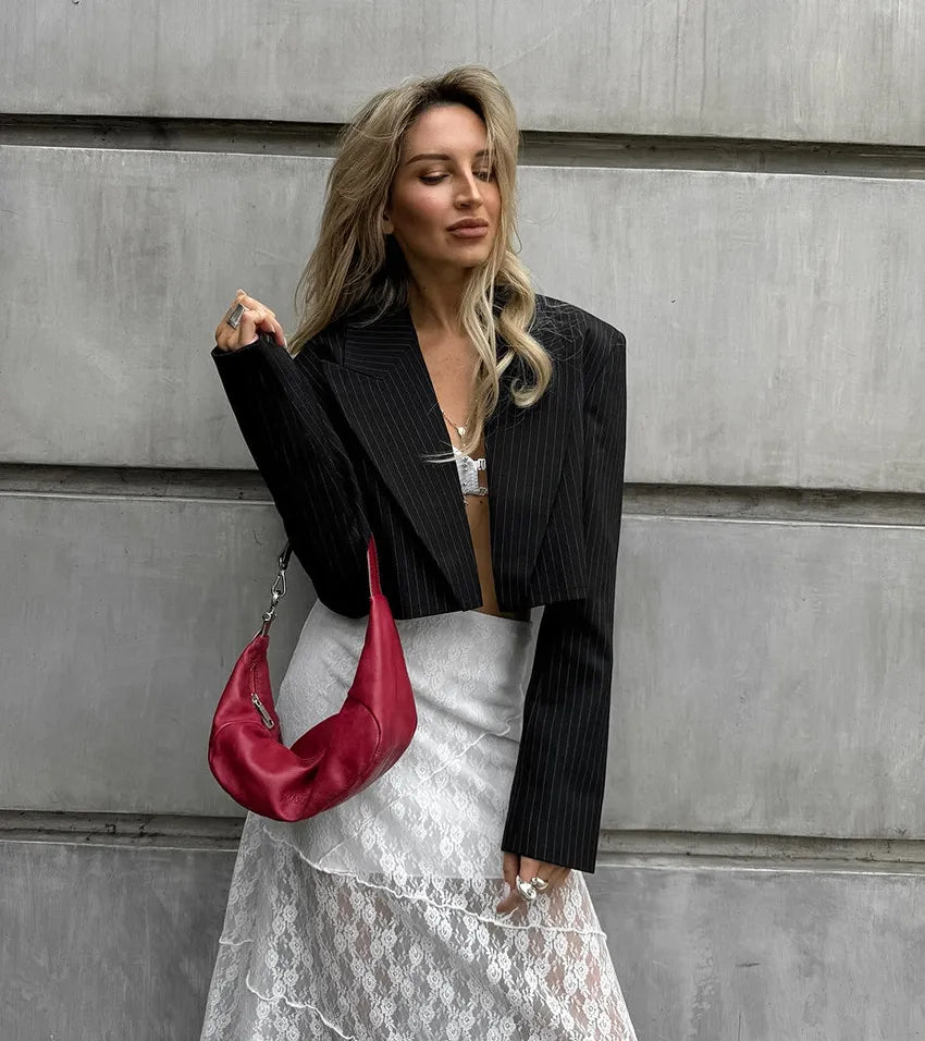 Jutta | Women's Cropped Blazer | Pinstripe Print Peak Lapel Open Front