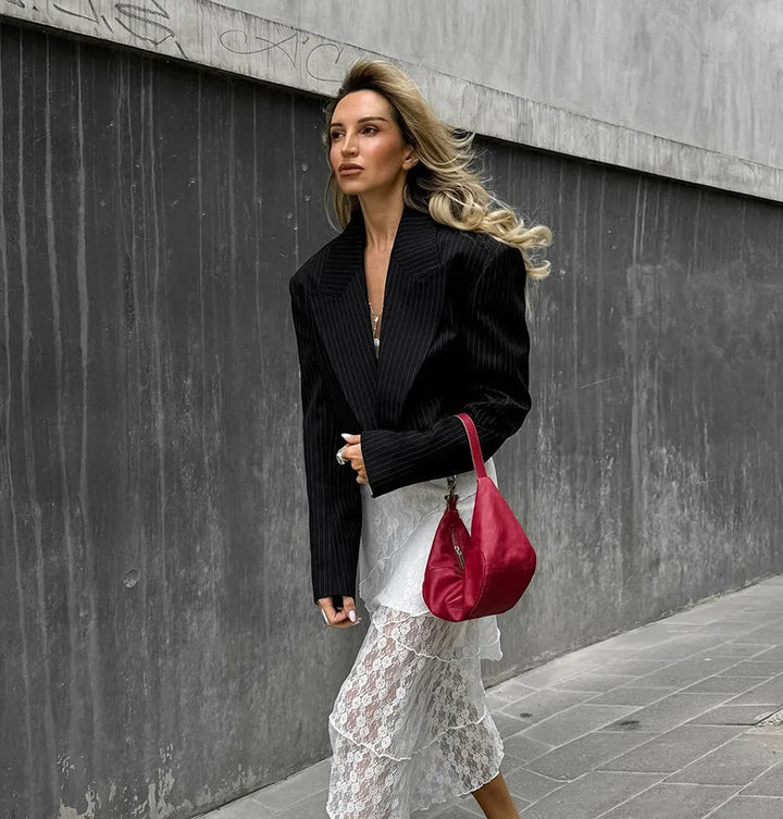 Jutta | Women's Cropped Blazer | Pinstripe Print Peak Lapel Open Front