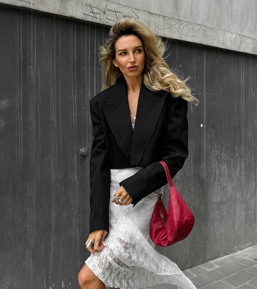 Jutta | Women's Cropped Blazer | Pinstripe Print Peak Lapel Open Front