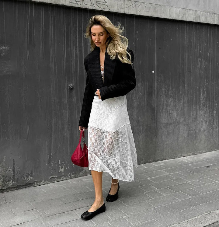 Jutta | Women's Cropped Blazer | Pinstripe Print Peak Lapel Open Front