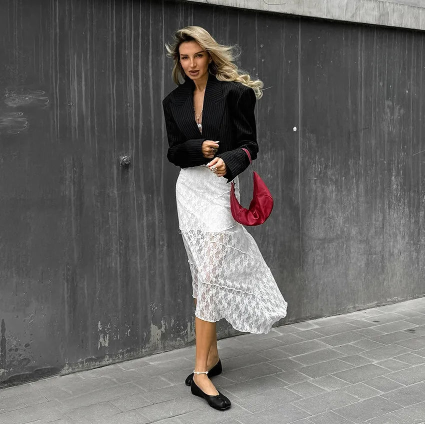Jutta | Women's Cropped Blazer | Pinstripe Print Peak Lapel Open Front