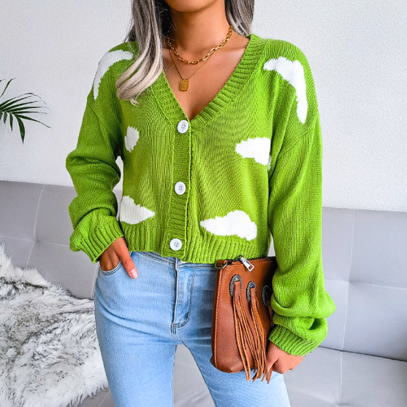 Marisol | Women's Cropped Knit Cardigan | Cloud Print Button Up V-Neck