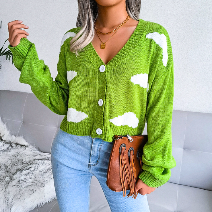 Marisol | Women's Cropped Knit Cardigan | Cloud Print Button Up V-Neck
