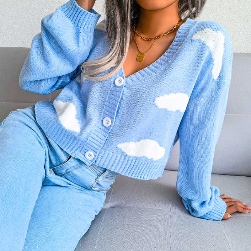 Marisol | Women's Cropped Knit Cardigan | Cloud Print Button Up V-Neck