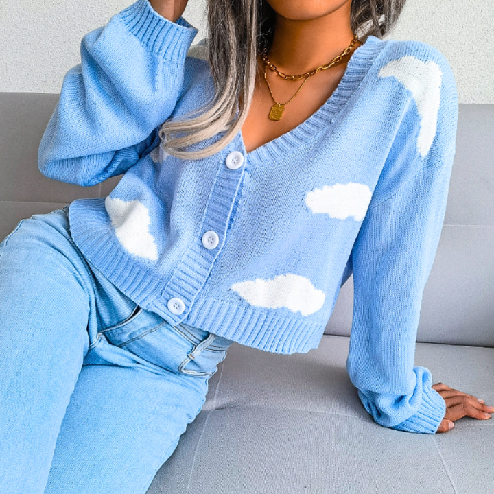Marisol | Women's Cropped Knit Cardigan | Cloud Print Button Up V-Neck
