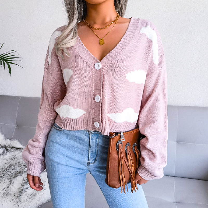 Marisol | Women's Cropped Knit Cardigan | Cloud Print Button Up V-Neck