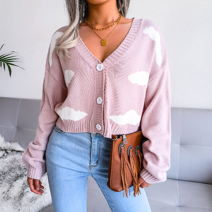 Marisol | Women's Cropped Knit Cardigan | Cloud Print Button Up V-Neck