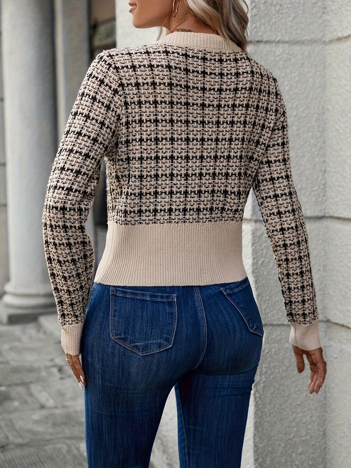 Eglantine | Women's Cropped Knit Cardigan | Houndstooth Button Up