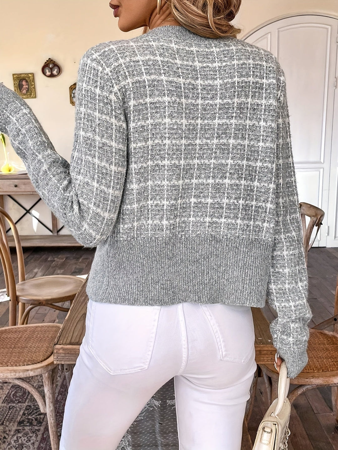 Eglantine | Women's Cropped Knit Cardigan | Houndstooth Button Up