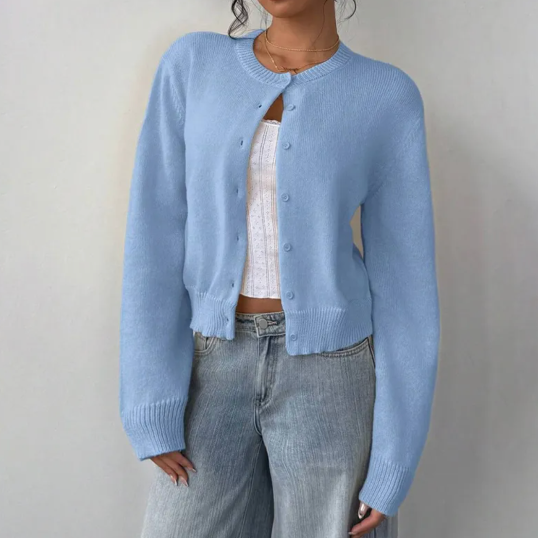 Venetia | Women's Cropped Knit Cardigan | Ribbed Trim Button Up