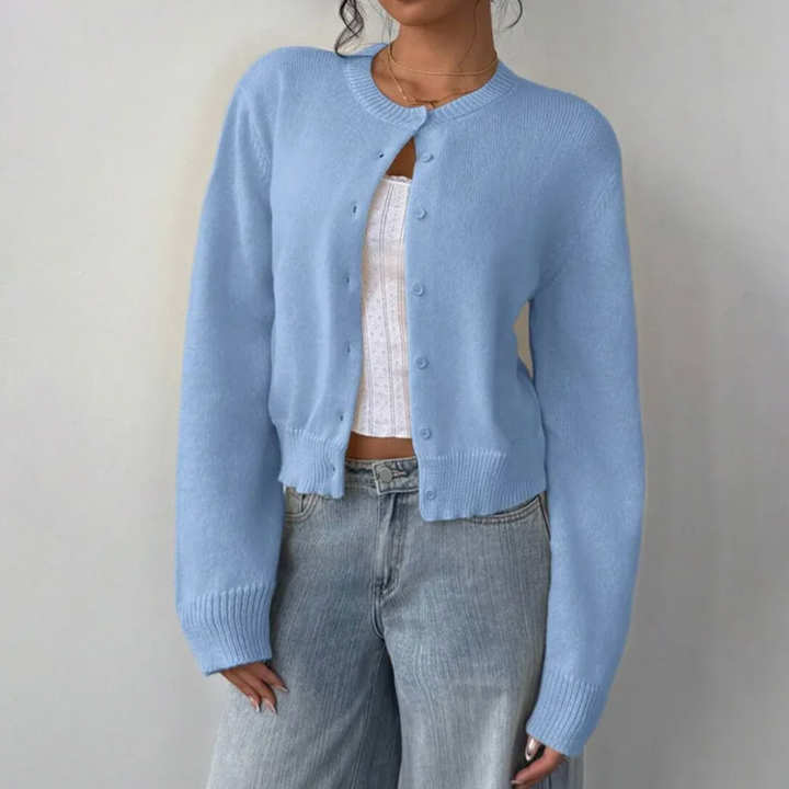 Venetia | Women's Cropped Knit Cardigan | Ribbed Trim Button Up