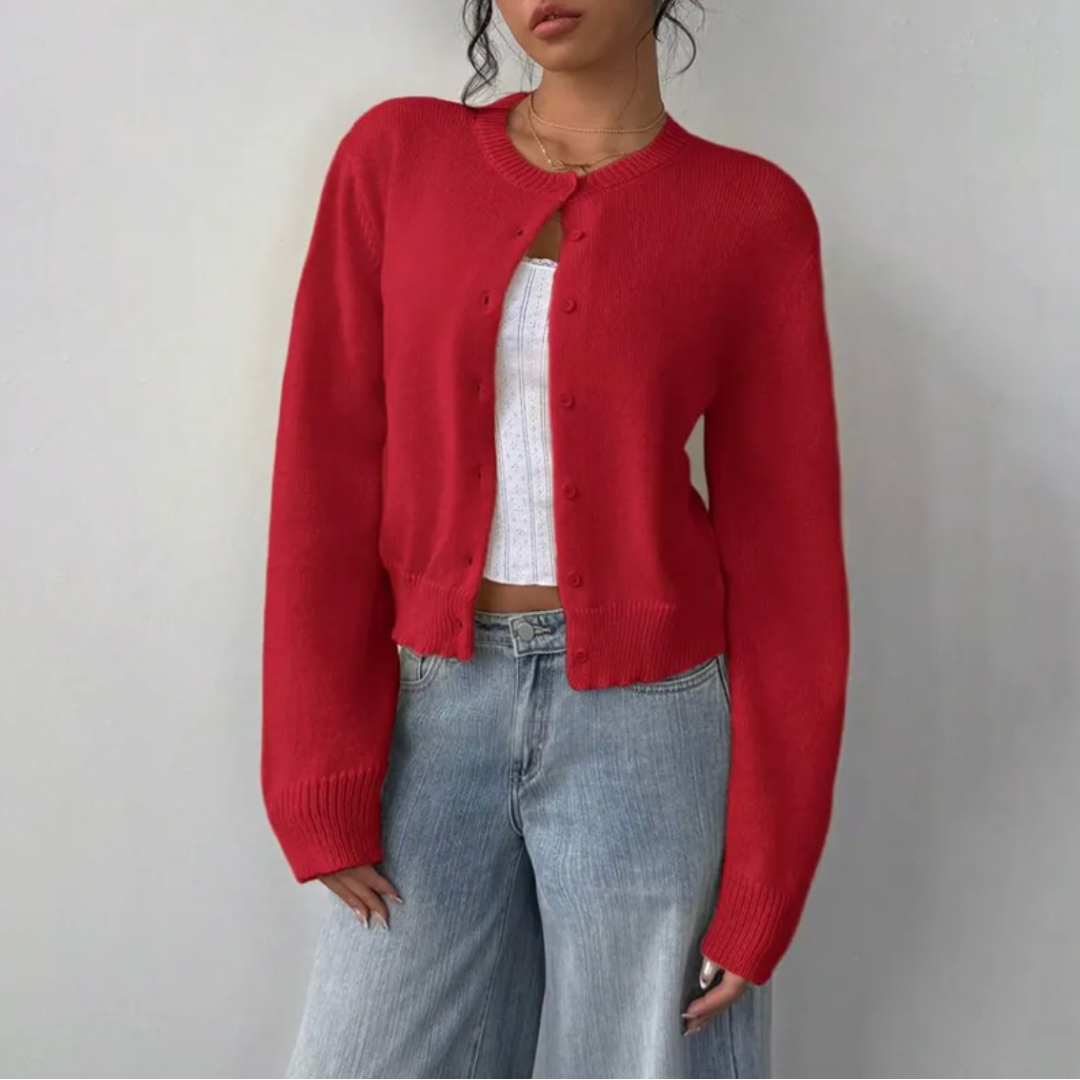 Venetia | Women's Cropped Knit Cardigan | Ribbed Trim Button Up