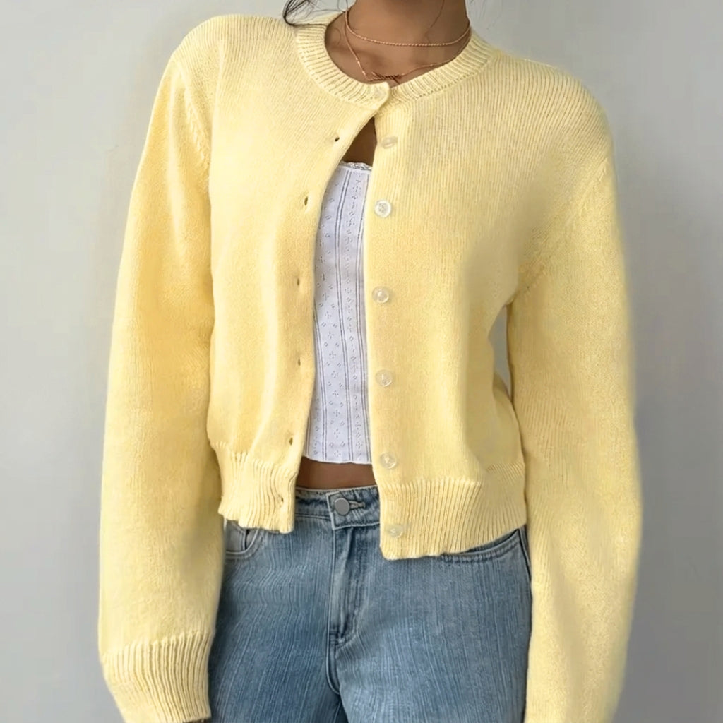 Venetia | Women's Cropped Knit Cardigan | Ribbed Trim Button Up