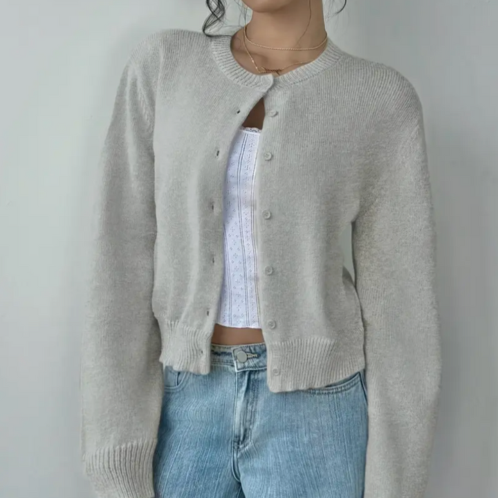 Venetia | Women's Cropped Knit Cardigan | Ribbed Trim Button Up