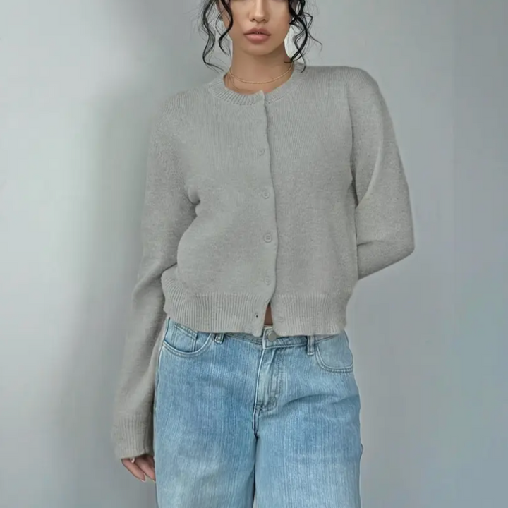 Venetia | Women's Cropped Knit Cardigan | Ribbed Trim Button Up
