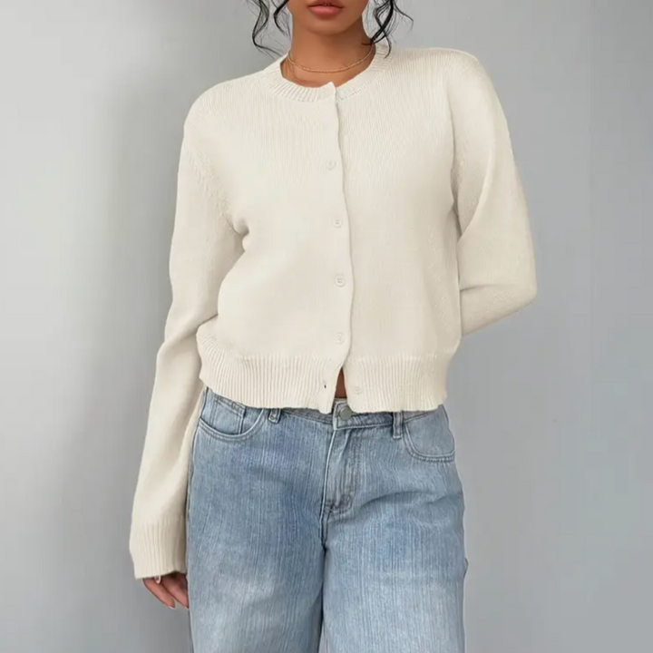 Venetia | Women's Cropped Knit Cardigan | Ribbed Trim Button Up