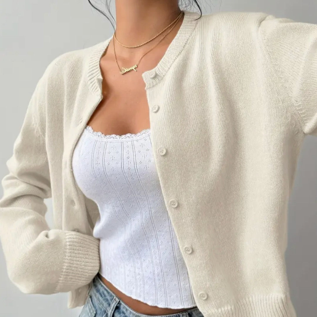 Venetia | Women's Cropped Knit Cardigan | Ribbed Trim Button Up