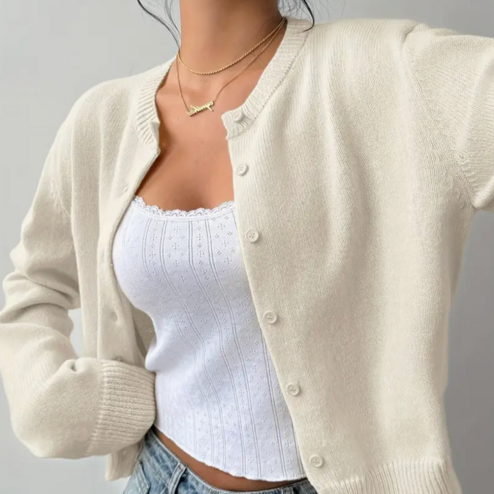 Venetia | Women's Cropped Knit Cardigan | Ribbed Trim Button Up