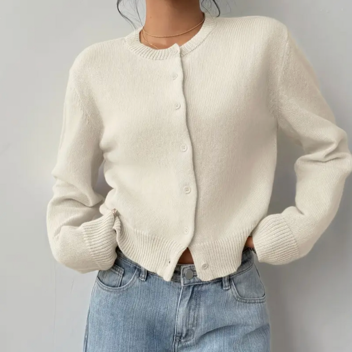 Venetia | Women's Cropped Knit Cardigan | Ribbed Trim Button Up
