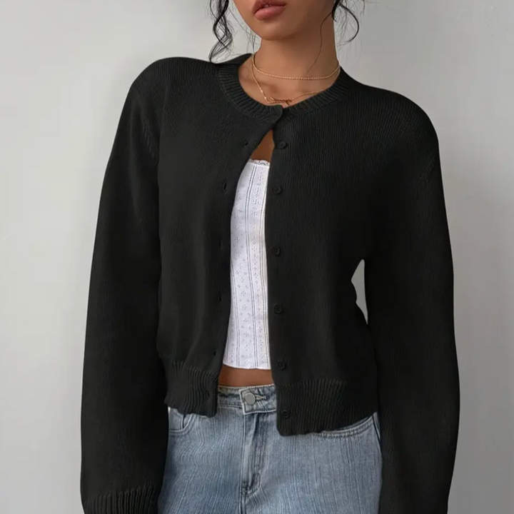 Venetia | Women's Cropped Knit Cardigan | Ribbed Trim Button Up