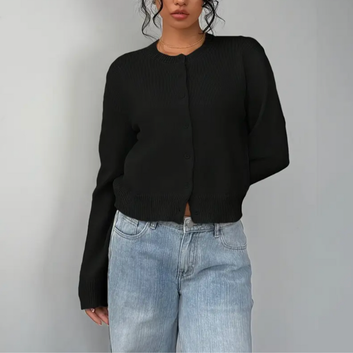 Venetia | Women's Cropped Knit Cardigan | Ribbed Trim Button Up