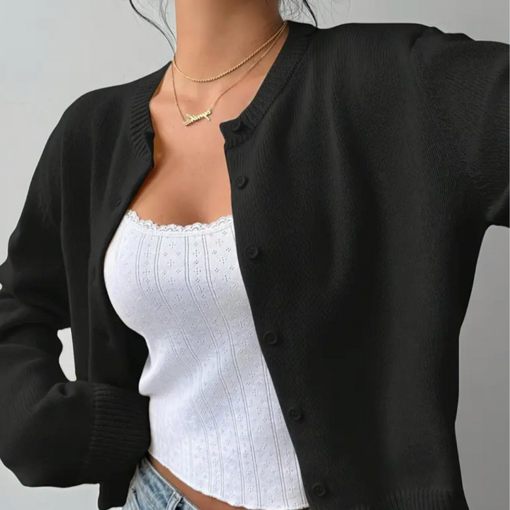 Venetia | Women's Cropped Knit Cardigan | Ribbed Trim Button Up