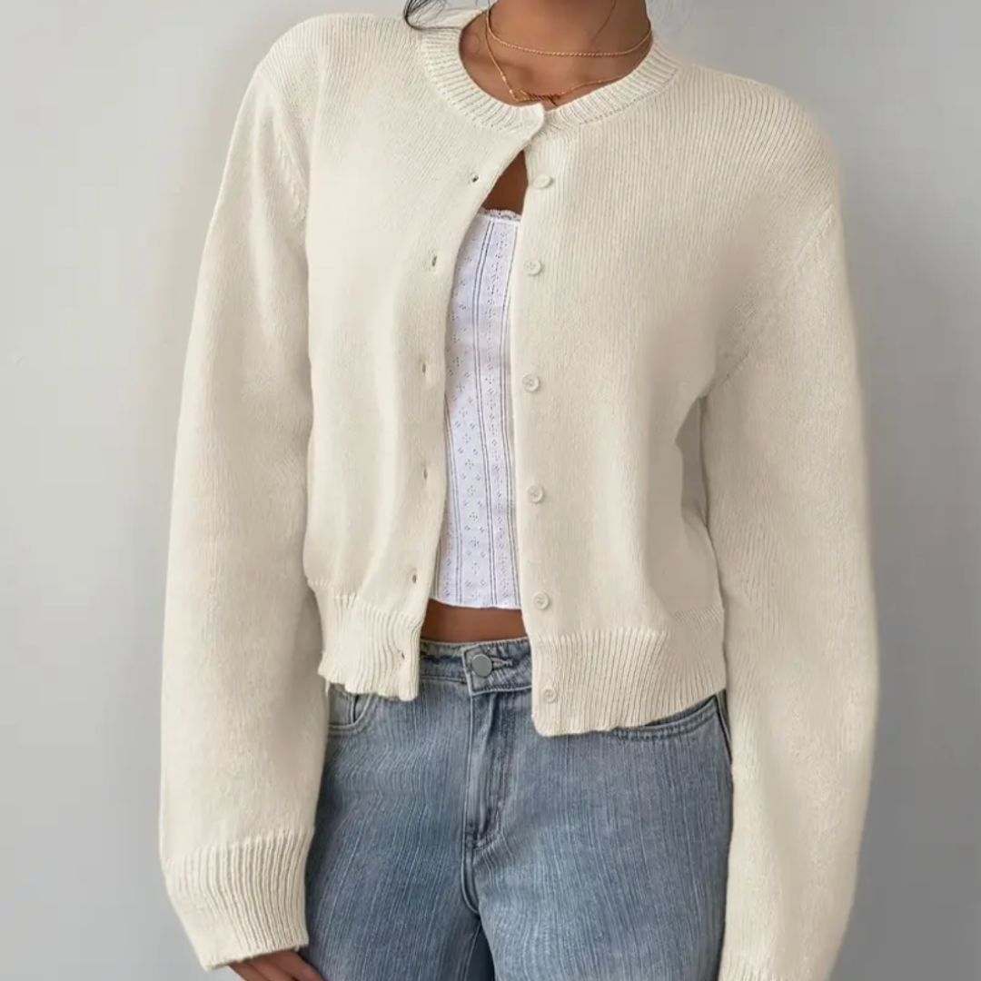 Venetia | Women's Cropped Knit Cardigan | Ribbed Trim Button Up