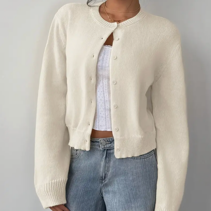 Venetia | Women's Cropped Knit Cardigan | Ribbed Trim Button Up