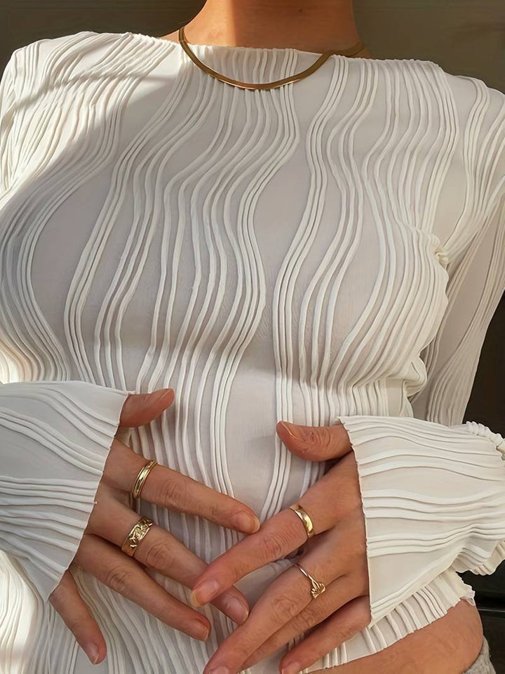 Lieselotte | Women's Cropped Long Sleeve Top | Wave Texture Puff Cuff
