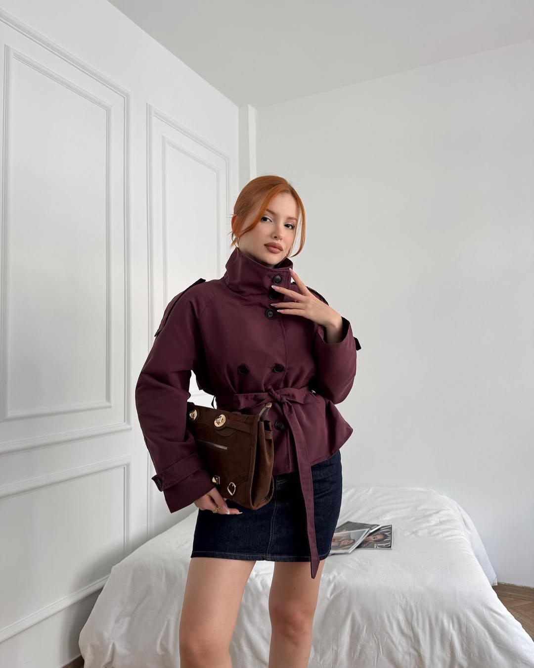 Celestyna | Women's Cropped Trench Coat | Double-Breasted Belted