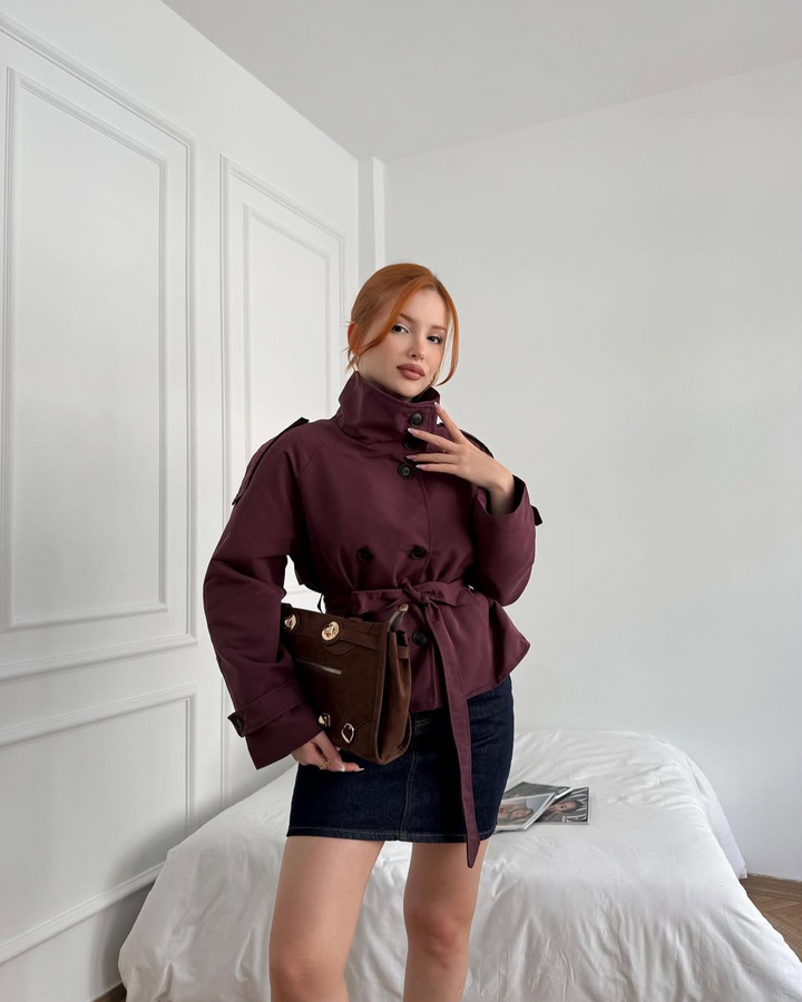 Celestyna | Women's Cropped Trench Coat | Double-Breasted Belted