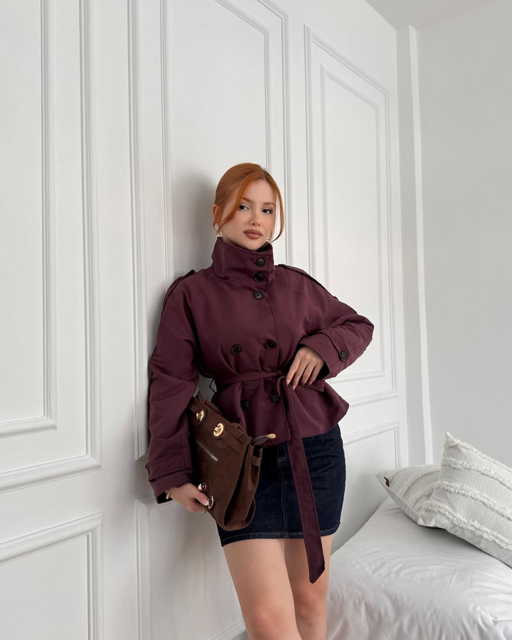 Celestyna | Women's Cropped Trench Coat | Double-Breasted Belted