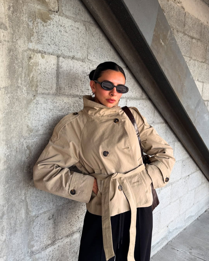 Celestyna | Women's Cropped Trench Coat | Double-Breasted Belted