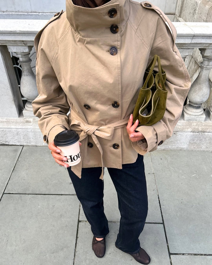 Celestyna | Women's Cropped Trench Coat | Double-Breasted Belted