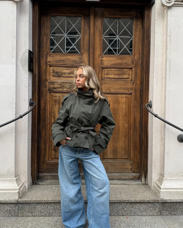 Celestyna | Women's Cropped Trench Coat | Double-Breasted Belted