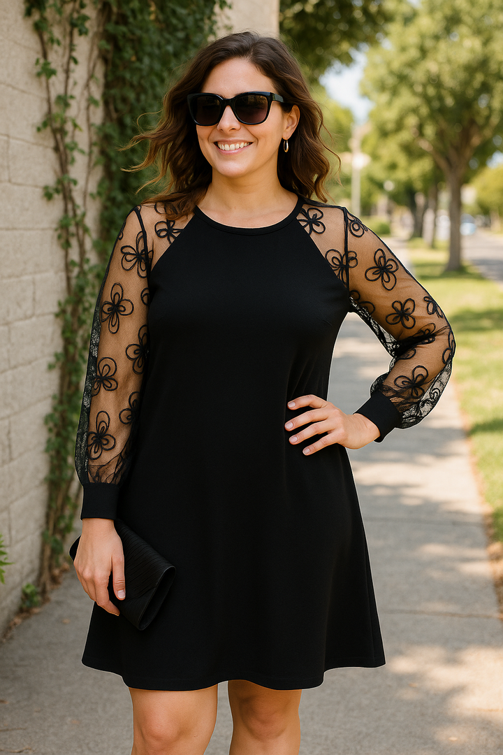 Doris | Women's Formal Long Sleeve A-Line Dress | Sheer Embroidered