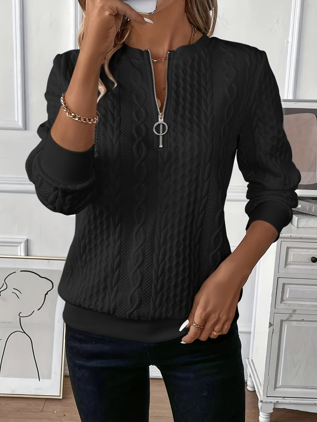 Ndeye | Women's Half-Zip Knitted Jumper | Ring Pull Ribbed Hem