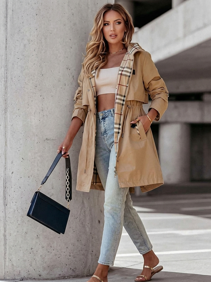 Gertrude | Women's Hooded Rain Trench Coat | Plaid Lining