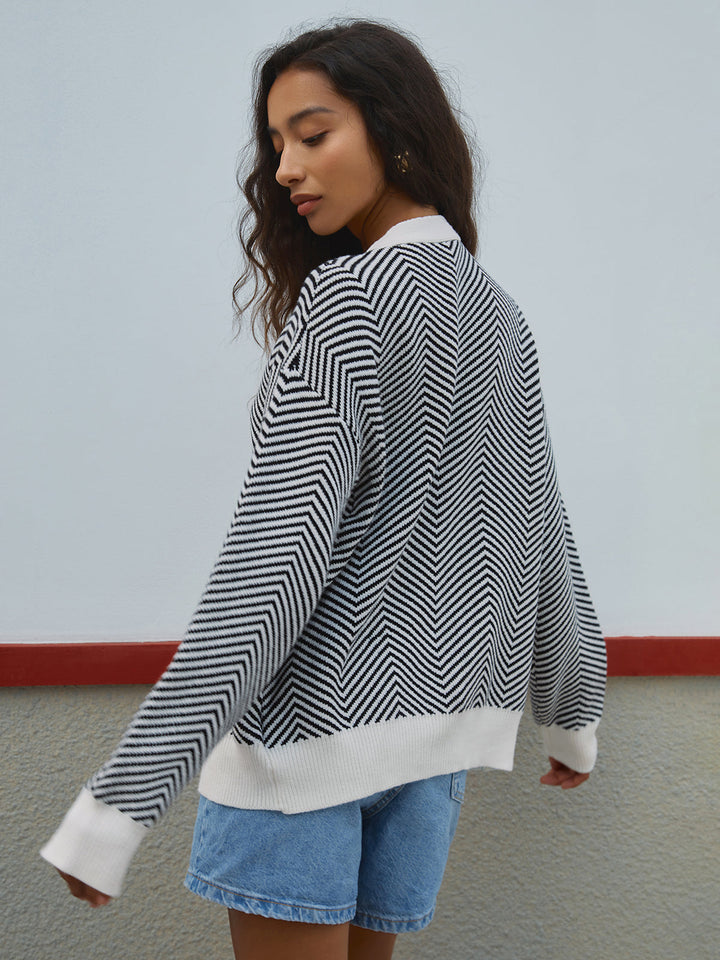 Neaira | Women's Knit Cardigan | Chevron Stripes V-Neck Button Up