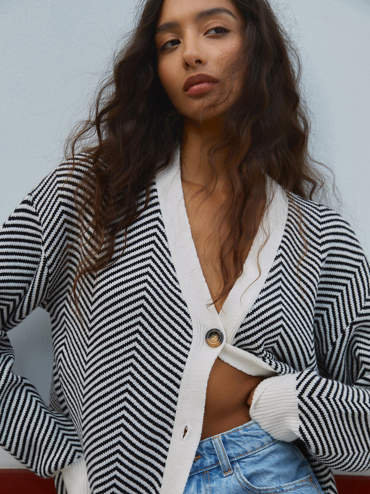 Neaira | Women's Knit Cardigan | Chevron Stripes V-Neck Button Up