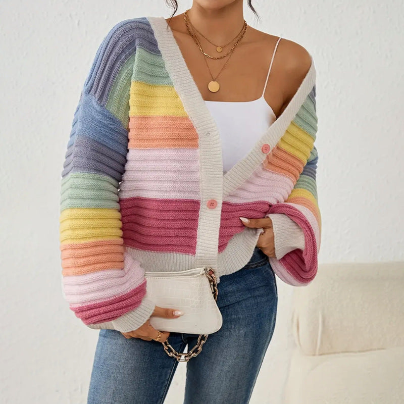 Nkechi | Women's Knit Cardigan | Rainbow Stripes V-Neck Button Up