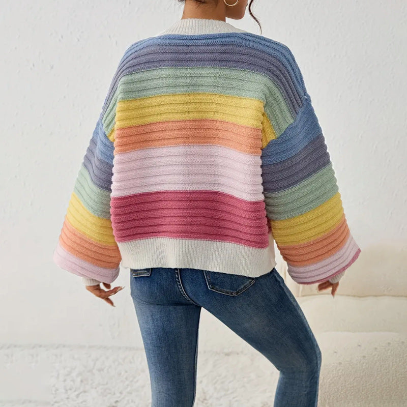 Nkechi | Women's Knit Cardigan | Rainbow Stripes V-Neck Button Up