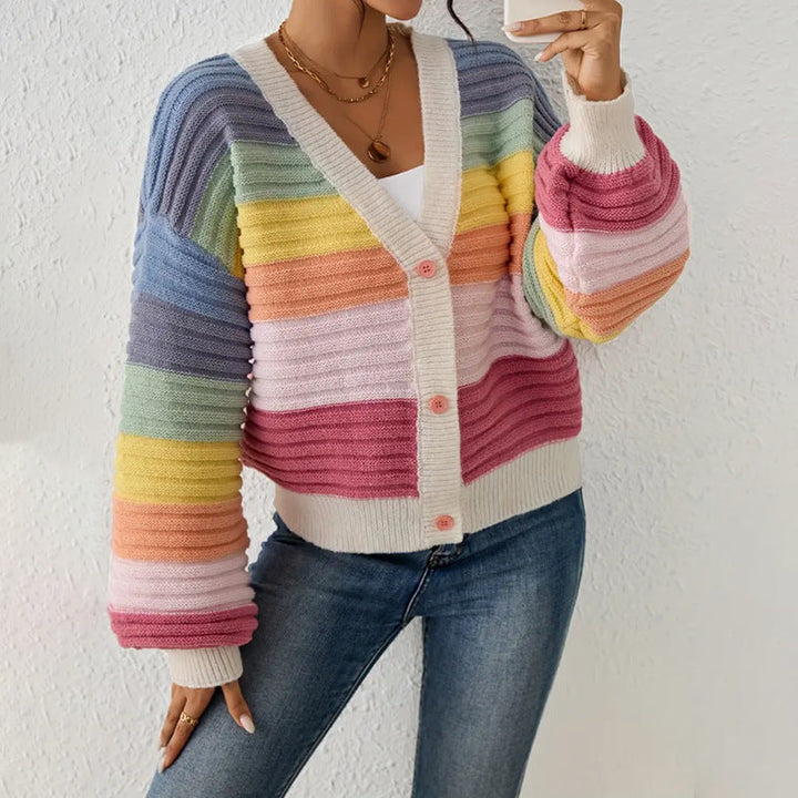 Nkechi | Women's Knit Cardigan | Rainbow Stripes V-Neck Button Up