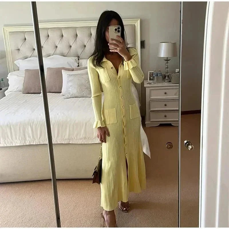 Berhtgyth | Women's Knit Maxi Dress | Button Down Long Sleeve Casual