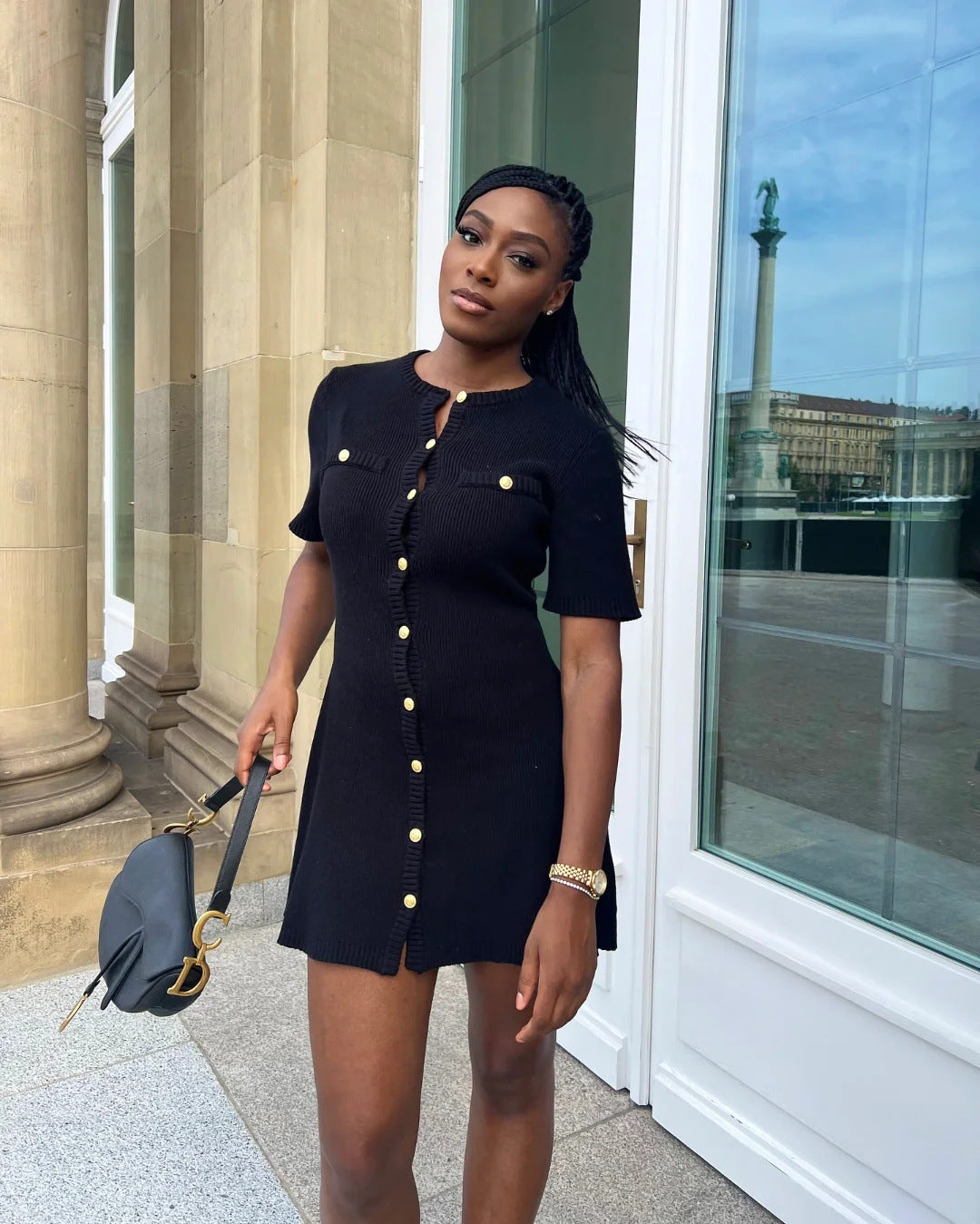 Women's Knit Dress Mini Button Down Detail | Short Sleeve