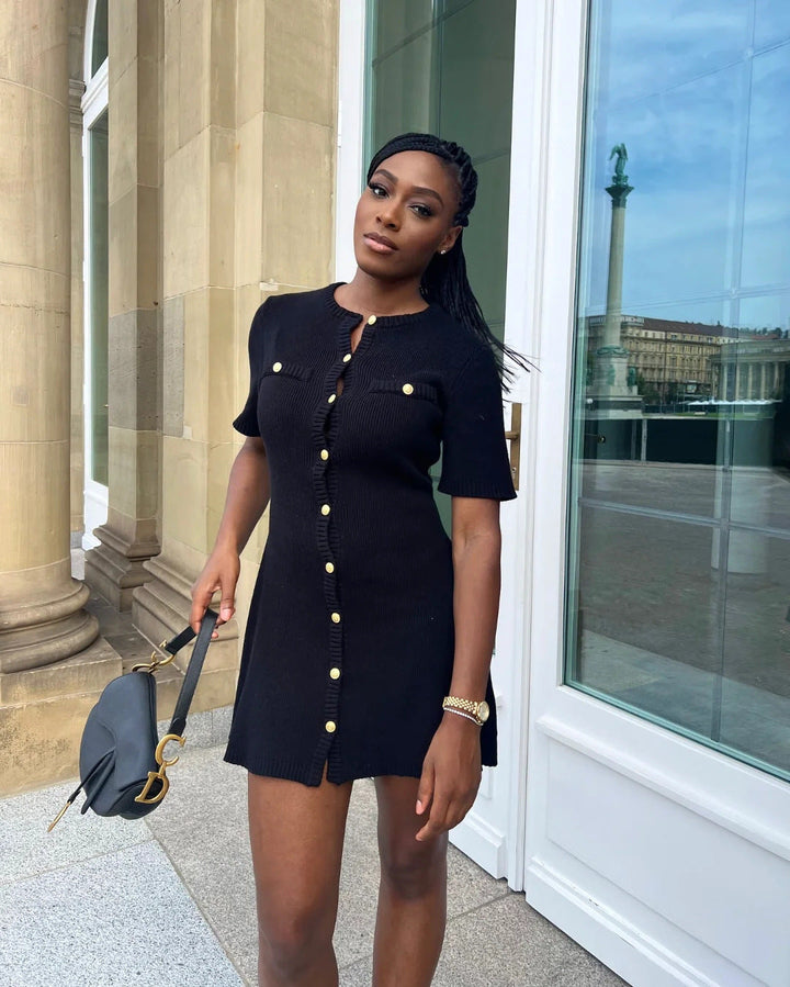 Women's Knit Dress Mini Button Down Detail | Short Sleeve